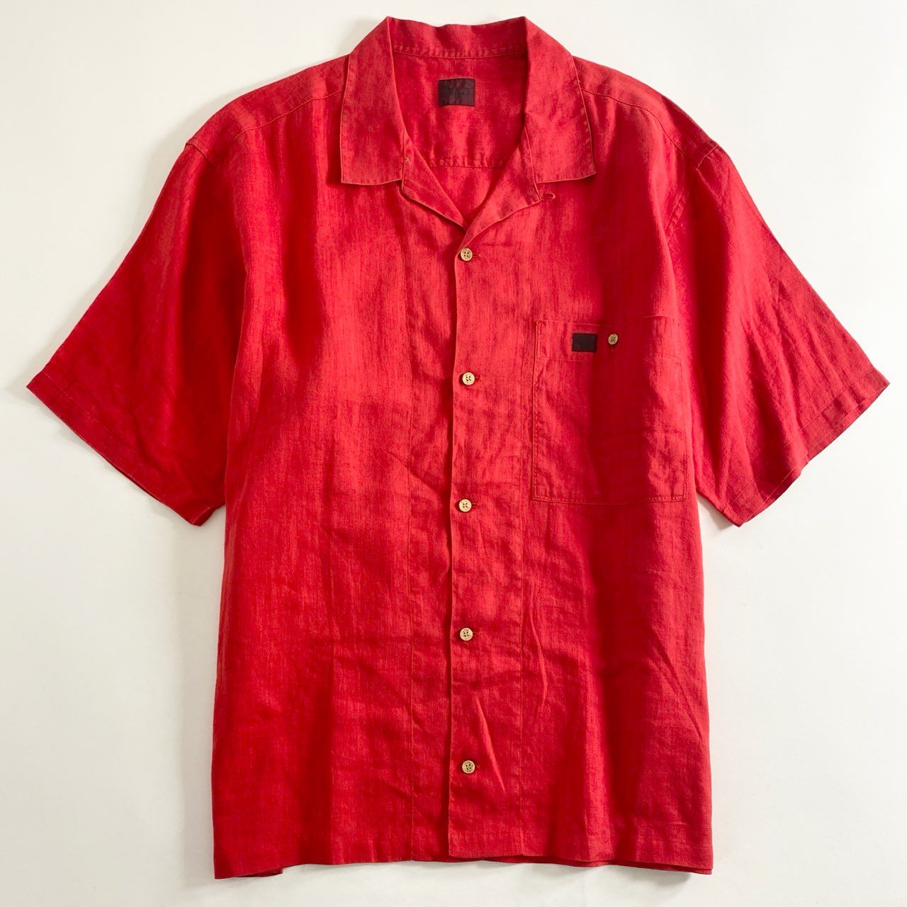 8b26 日本製 Papas パパス 半袖シャツ リネンシャツ オープンカラーシャツ L リネン100% レッド トップス メンズ 春夏