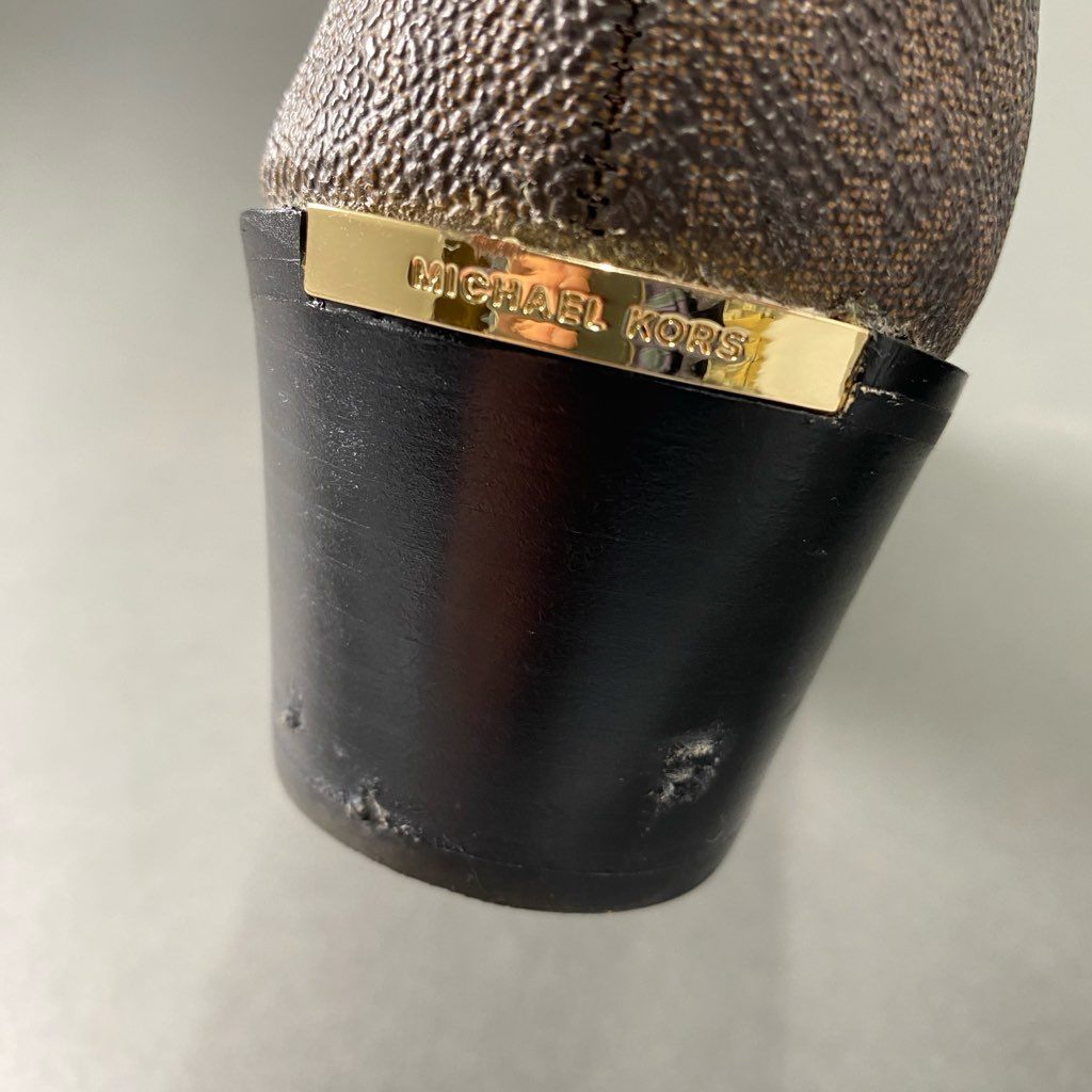 2b24 MICHAEL KORS マイケルコース サイドジップブーツ ヒールブーツ シューズ ジップアップ モノグラム柄 7M ブラック ブラウン レザー PVC