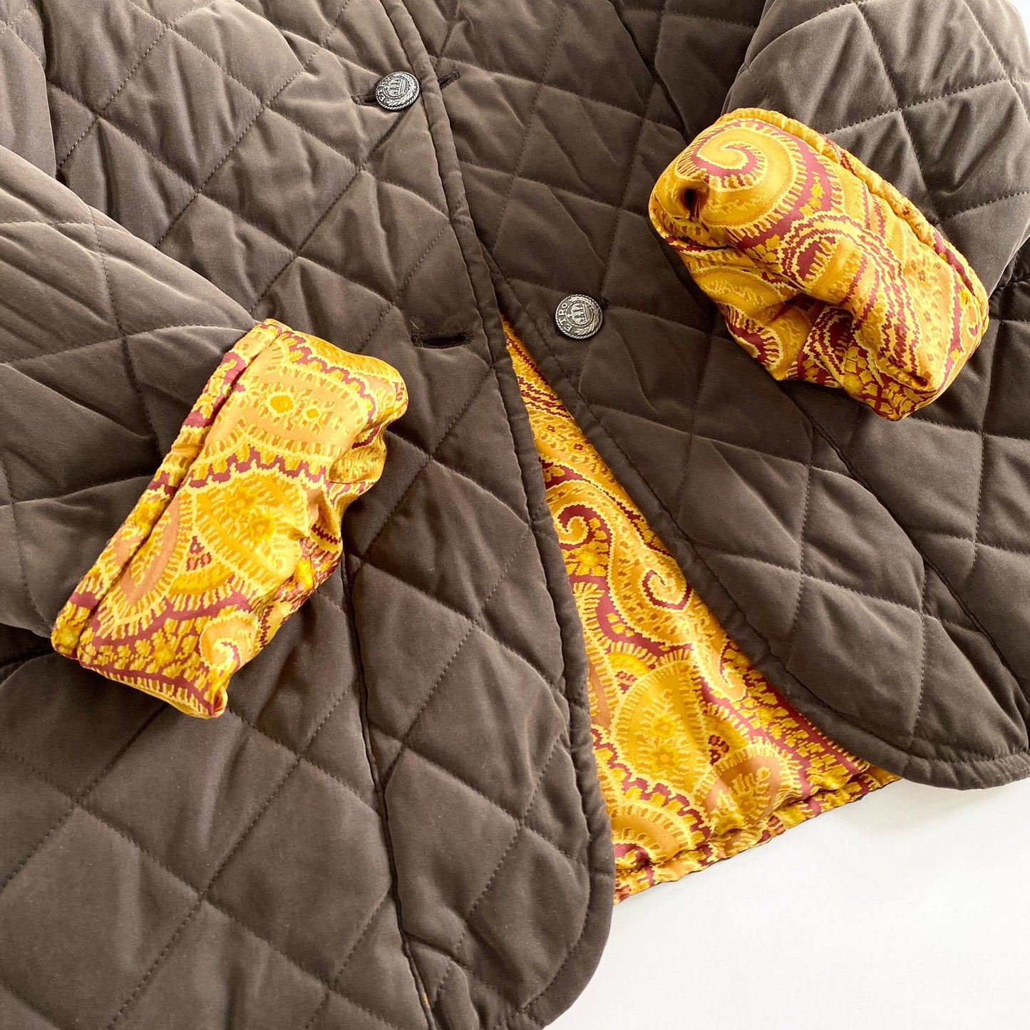 33L14 ETRO エトロ リバーシブルジャケット L オレンジ オリーブ 中綿 アウター ペイズリー バンダナ イタリア製 シルク