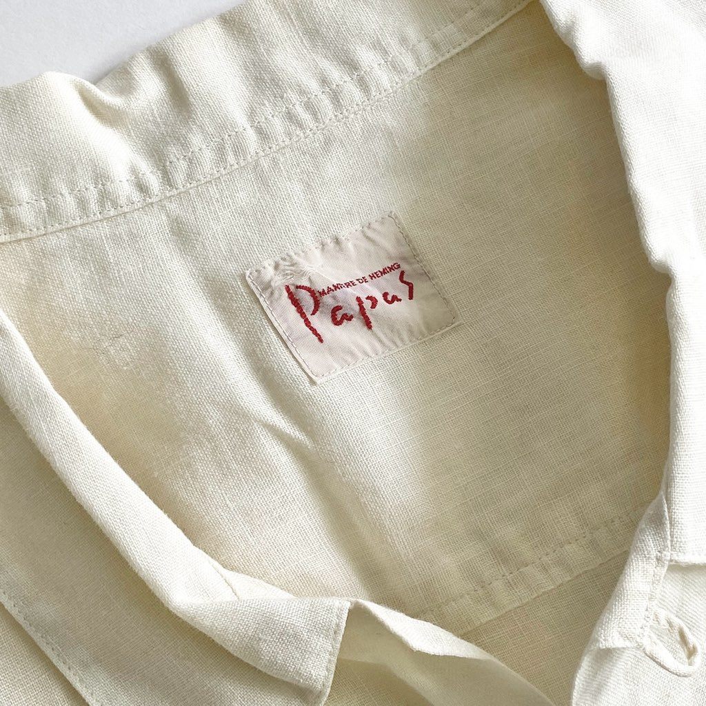 22b25-4 Papas パパス 日本製 リネン 半袖シャツ L ベージュ LINEN SHIRT ショートスリーブ ワンポイントロゴ オープンカラー 開襟 MADE IN JAPAN
