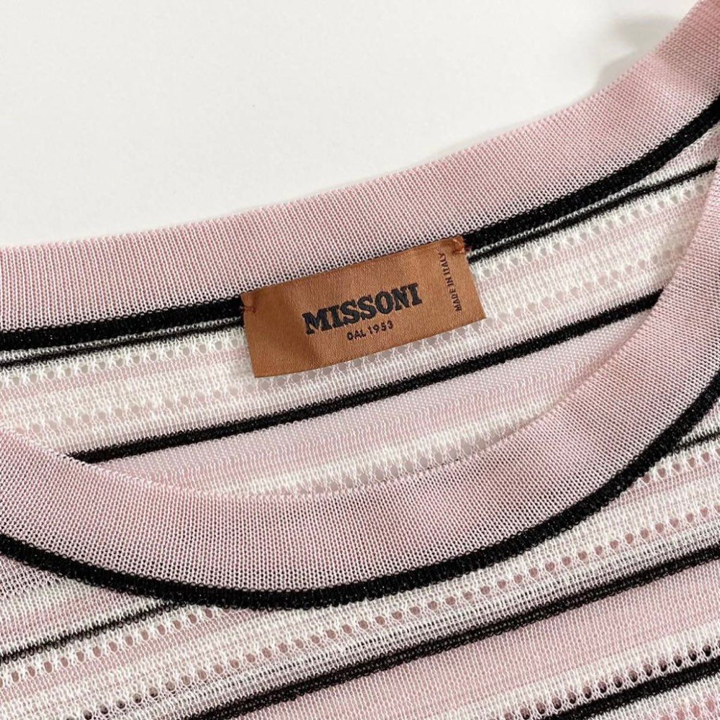 40i13 MISSONI ミッソーニ ハイゲージニット 半袖トップ ブラウス 42 ピンク カットソー Tシャツ 大きいサイズ イタリア製