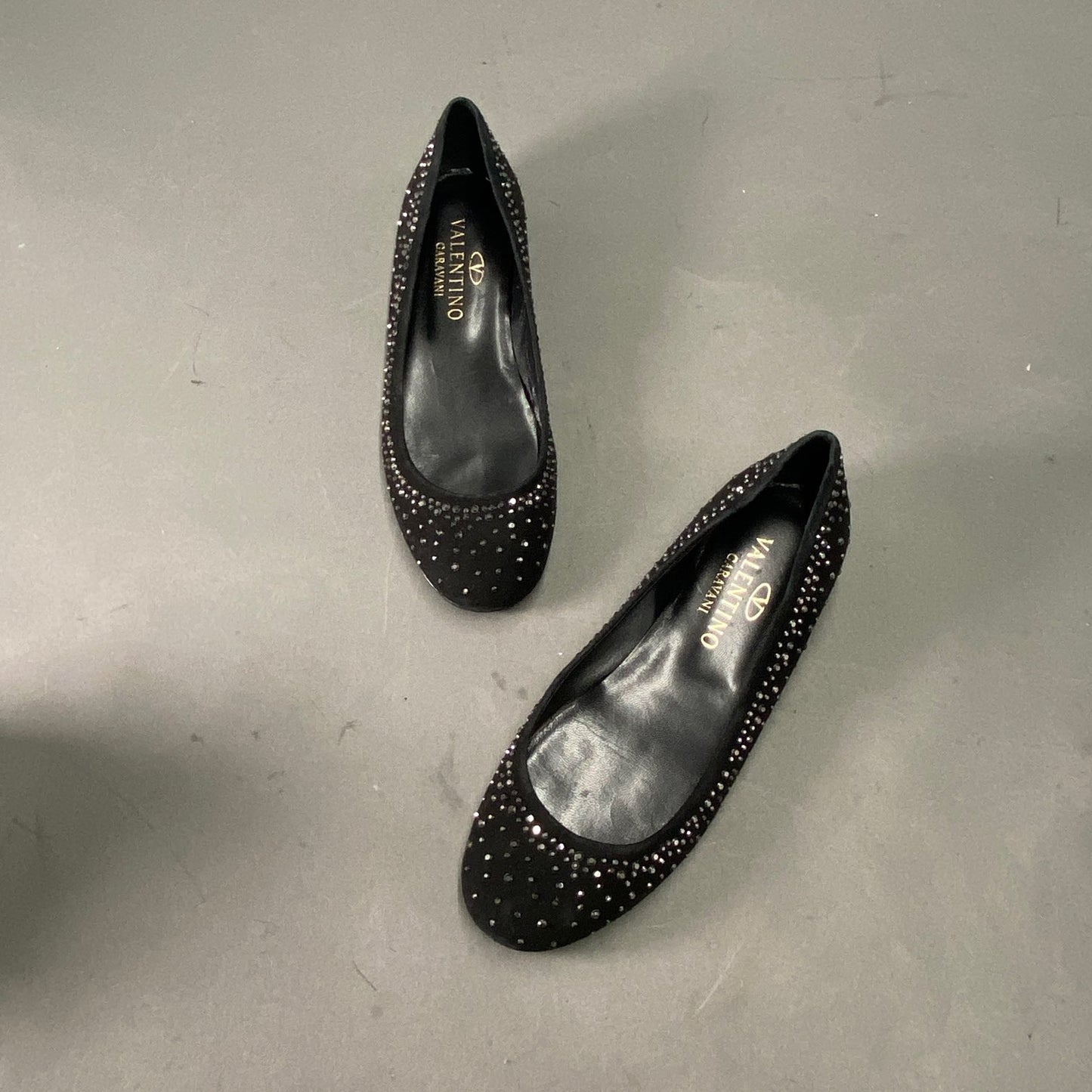 1L5《美品》VALENTINO GARAVANI ヴァレンティノ ガラヴァーニ 38(24cm相当) ブラック ラインストーン フラットシューズ バレエシューズ レディース 靴