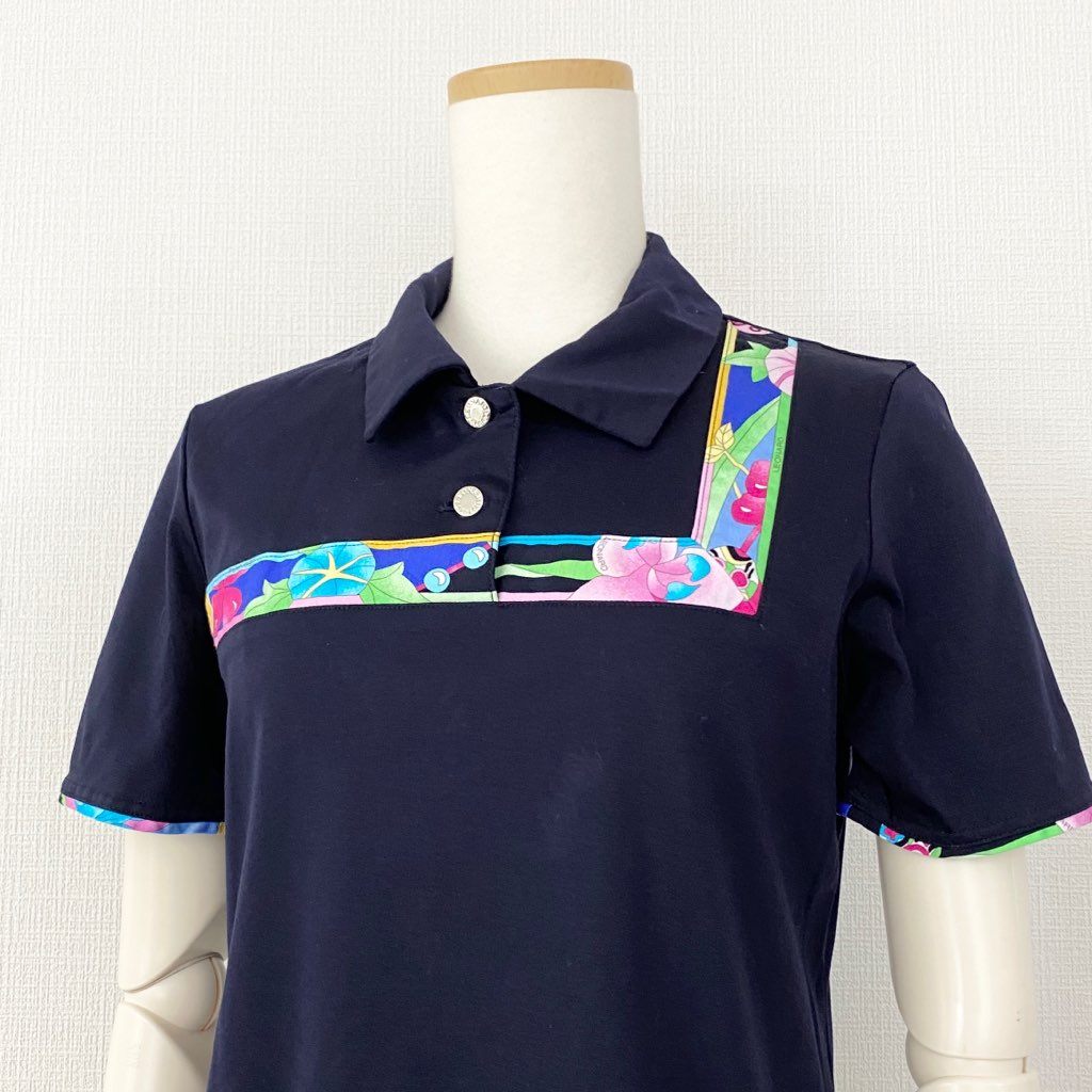 53b4 LEONARD レオナール フラワープリント ポロシャツ 40 ネイビ- トップス 半袖 花柄 日本製 POLO SHIRT