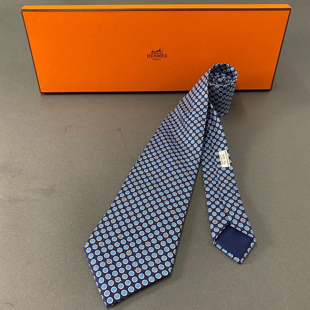 39b6-6 《美品》 HERMES エルメス シェーヌダンクル シルクネクタイ ビジネス フォーマル ネイビー ブルー フランス製 5250SA