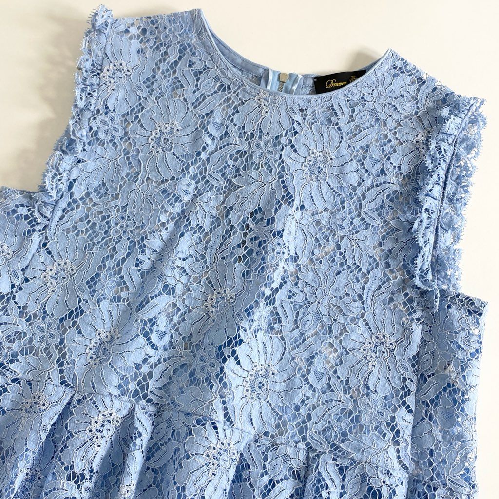 69c10 Drawer ドゥロワー 刺繍 フラワーレーストップ 38 ブルー バックジップ ブラウス 日本製 UNITED ARROWS ユナイテッドアローズ