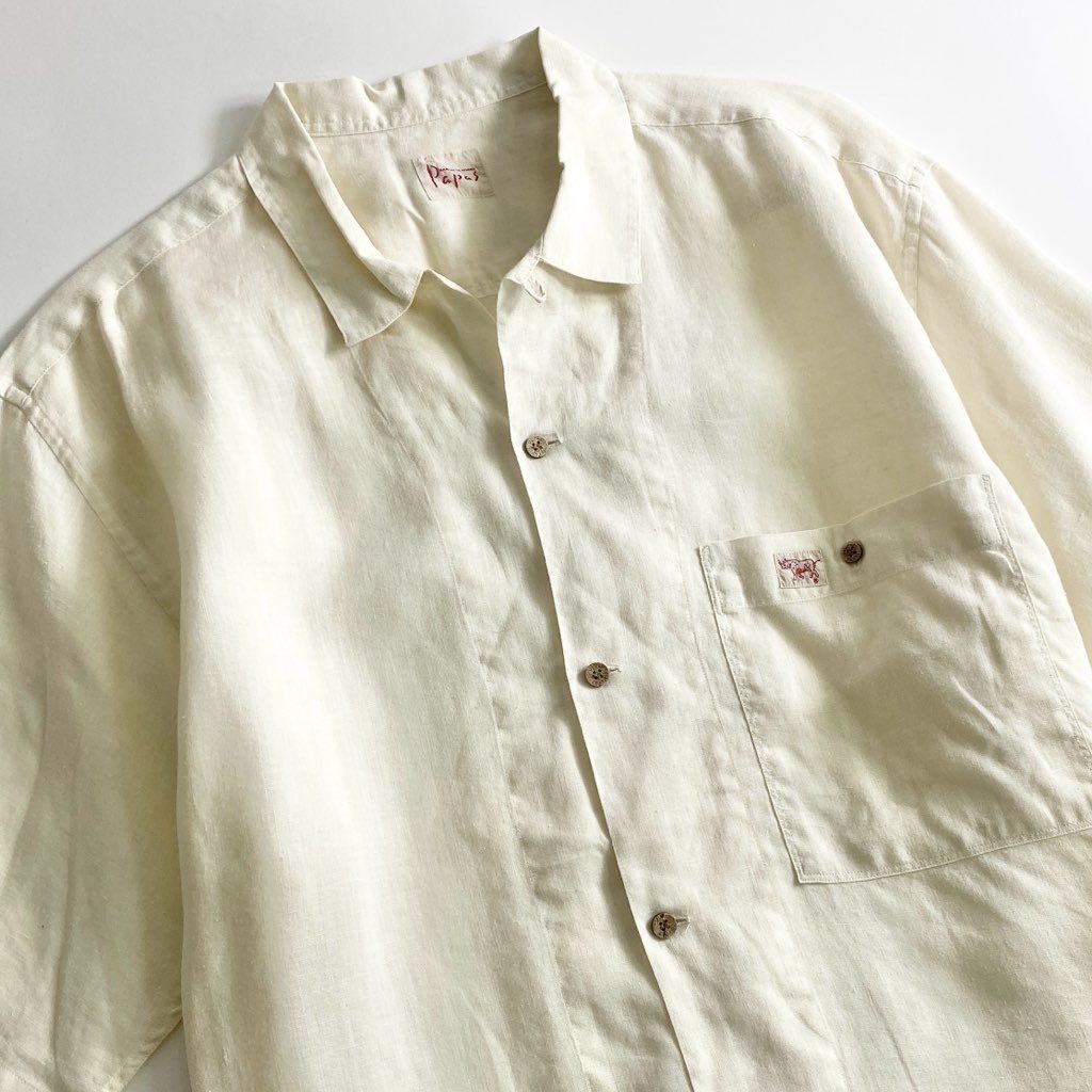 22b25-4 Papas パパス 日本製 リネン 半袖シャツ L ベージュ LINEN SHIRT ショートスリーブ ワンポイントロゴ オープンカラー 開襟 MADE IN JAPAN