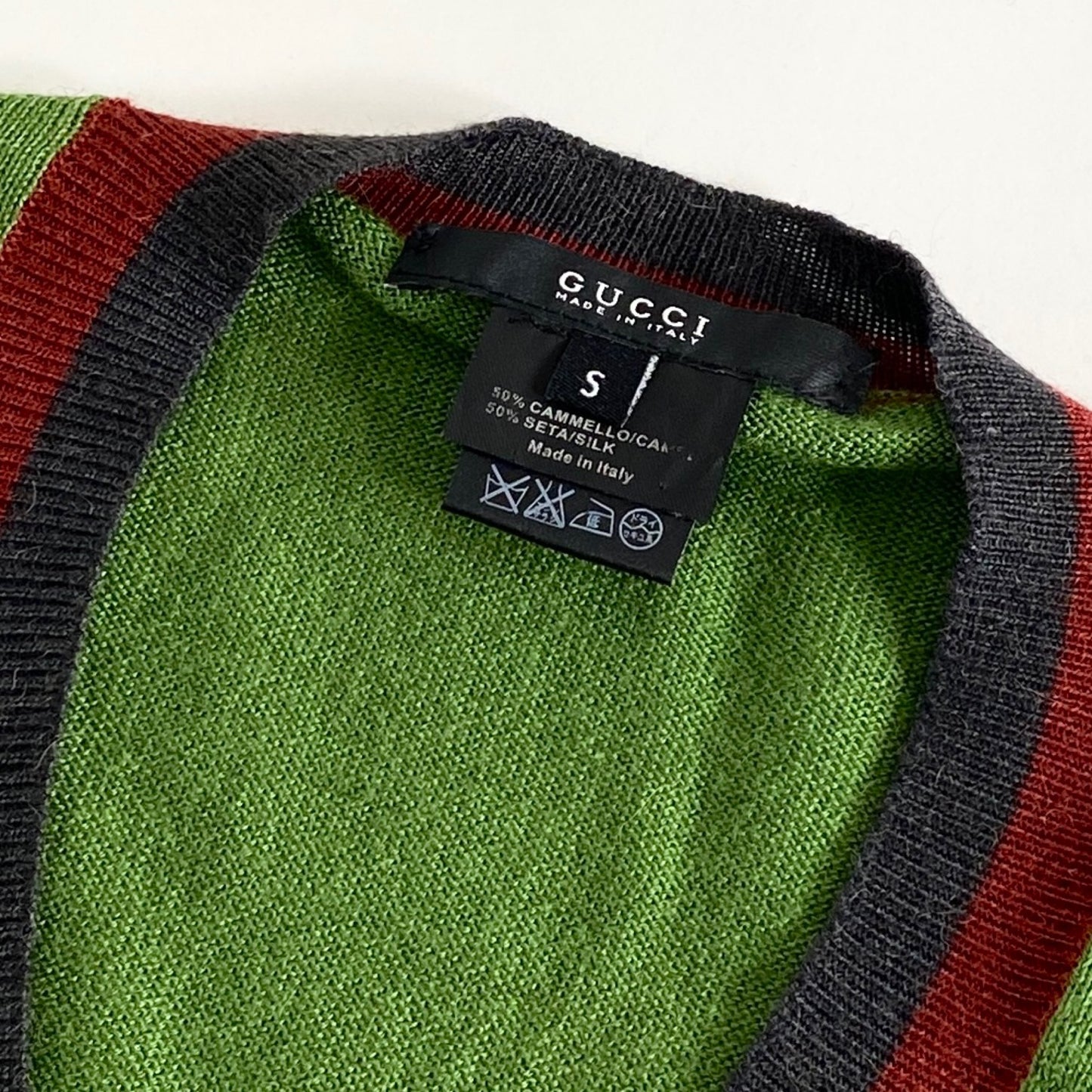 1L5《伊製》GUCCI グッチ ハイゲージニット ニットセーター メンズ Vネック スクールニット S グリーン キャメル50%シルク50%