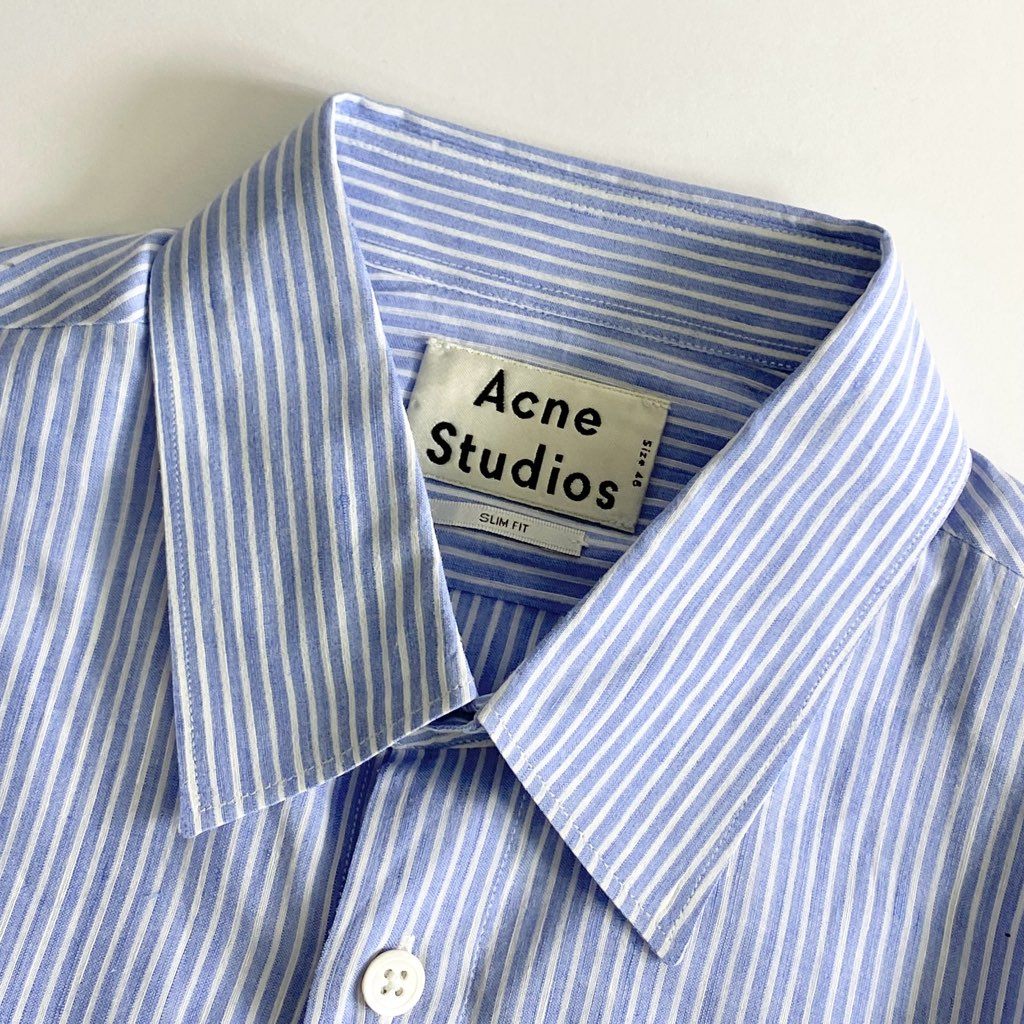 53b25 Acne Studios アクネ ステュディオス リネン混 ストライプシャツ 46 ブルー SLIM FIT モロッコ製 SHIRT