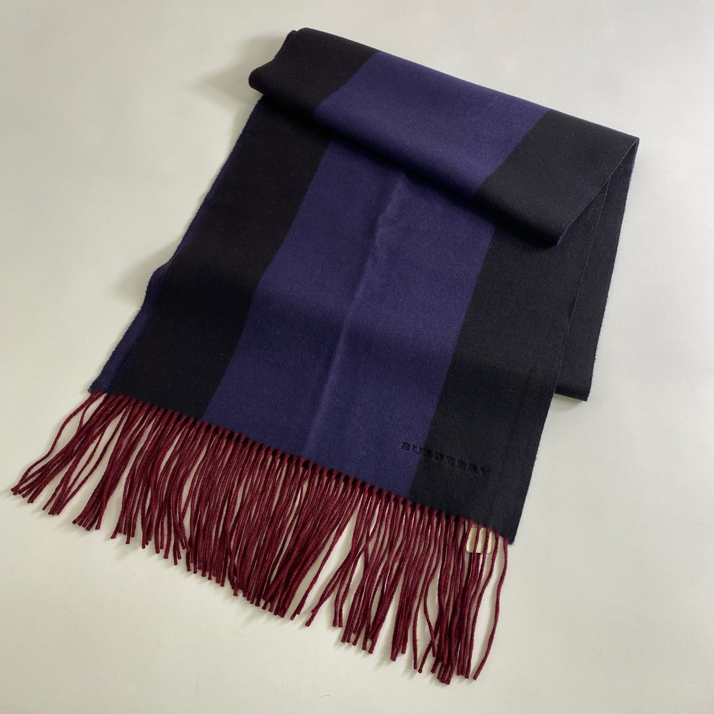 a18 BURBERRY バーバリー スコットランド製 大判 マフラー ストール フリンジ ネイビー ブラック ボルドー カシミヤ100% MADE IN SCOTLAND CASHMERE