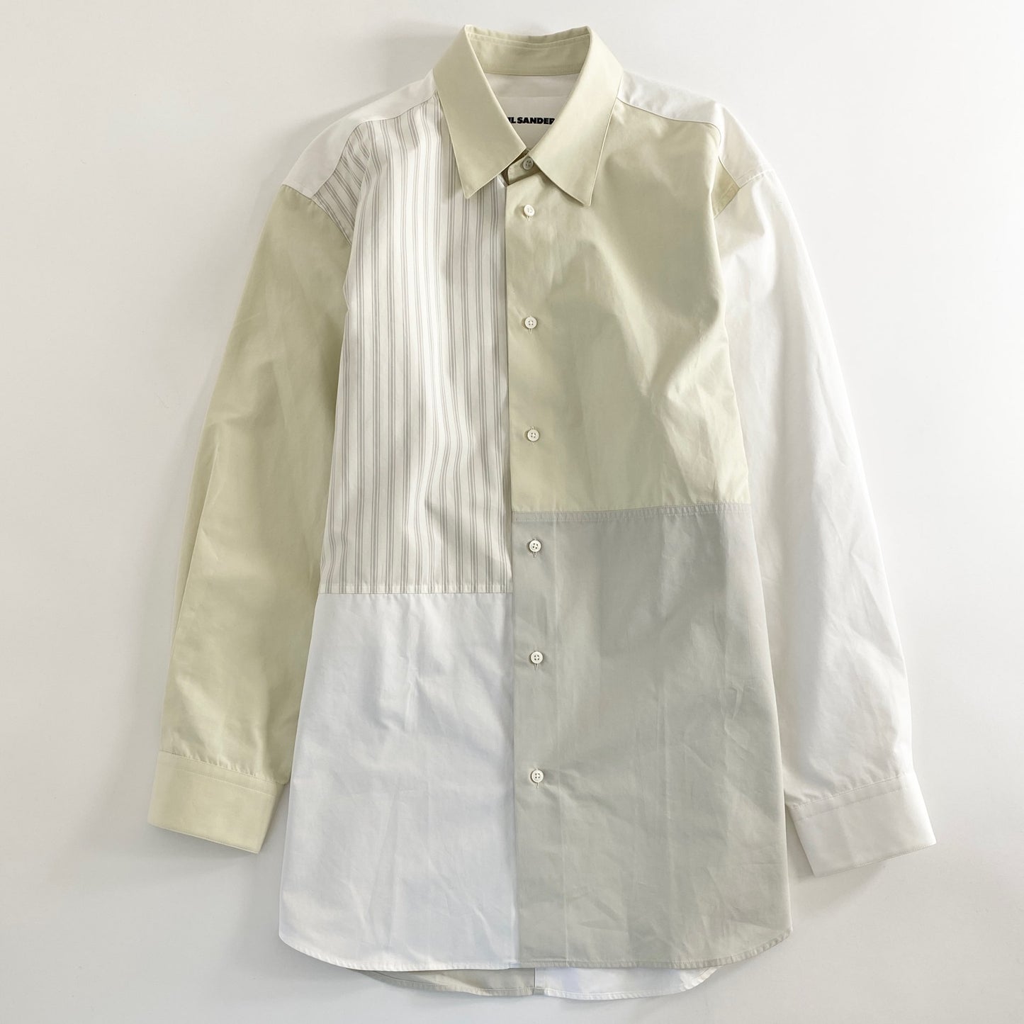39a21 JIL SANDER ジルサンダー イタリア製 JSMP740326 パッチワーク オーバーサイズ 長袖シャツ 再構築 ワイドシルエット ストライプ 39 15 1/2 ホワイト グレー アイボリー コットン