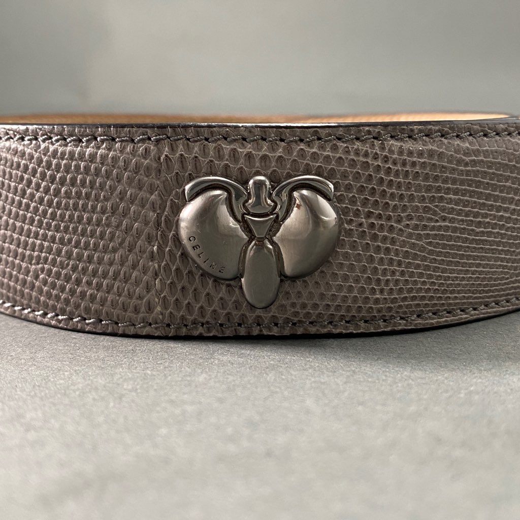 b10 《美品》 CELINE セリーヌ パイソン ベルクロベルト グレー レザー イタリア製 BEE 蜂モチーフ マジックテープ