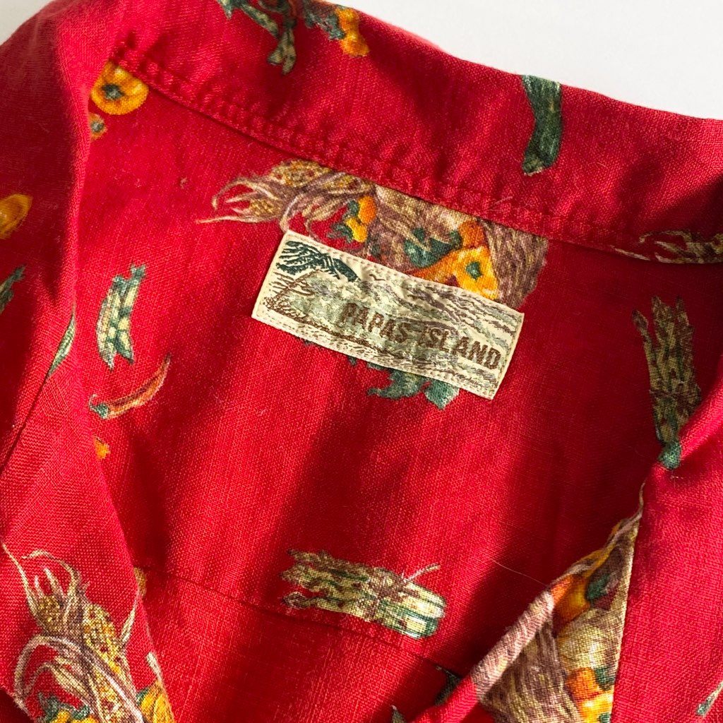 22b25-2 Papas パパス リネン アロハシャツ L レッド LINEN ALOHA SHIRT HAWAII ハワイ 半袖 オープンカラー