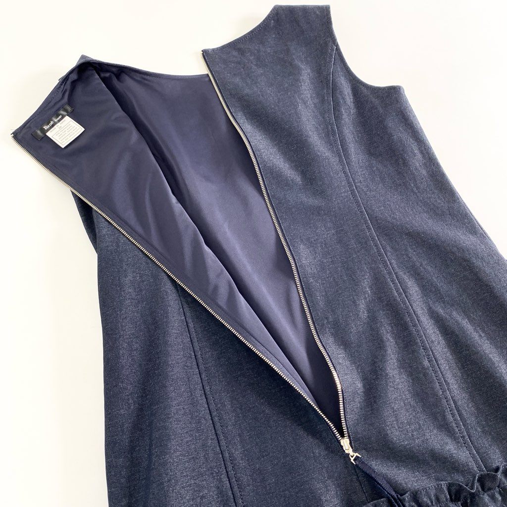 23c11 《美品》 Rene basic ルネ ベーシック バックジップ ストレッチフリルワンピース 36 ネイビー 日本製 伸縮性◎ ドレス 夏