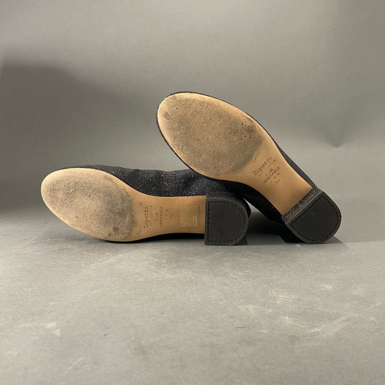 4c8 《美品》 Repetto レペット フランス製 バックジップ アンクルブーツ ヒールブーツ シューズ ラメ 39 ダークグレー ブラック レザー 山羊革 MADE IN FRANCE