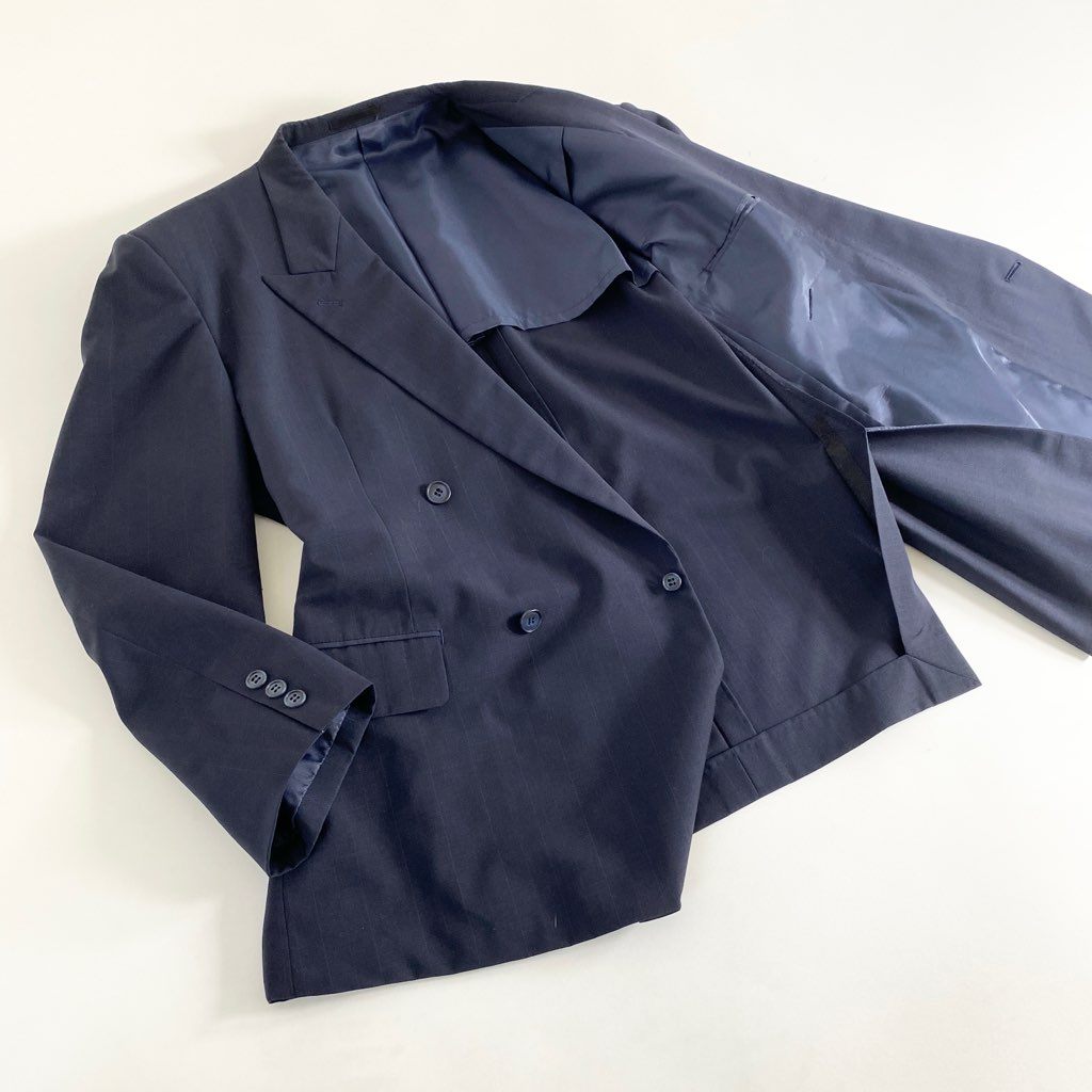41b14 Yves Saint Laurent イヴサンローラン 日本製 ダブル テーラードジャケット ブレザー ストライプ ネイビー ウール MADE IN JAPAN