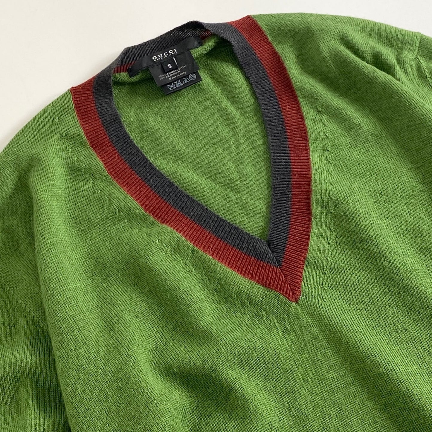 1L5《伊製》GUCCI グッチ ハイゲージニット ニットセーター メンズ Vネック スクールニット S グリーン キャメル50%シルク50%