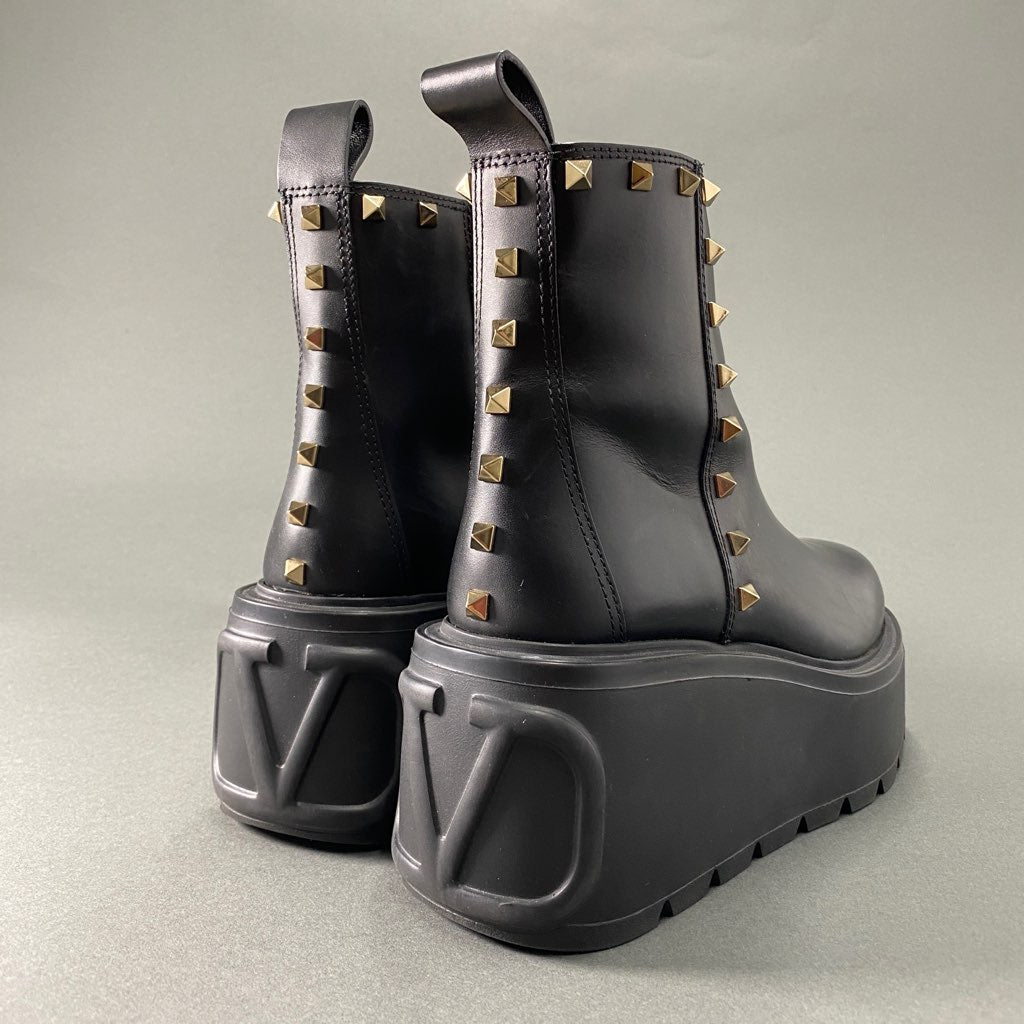 3a31 VALENTINO ヴァレンティノ NERO 厚底 ロックスタッズ サイドジップ アンクル ブーツ ショート 37 ブラック レザー