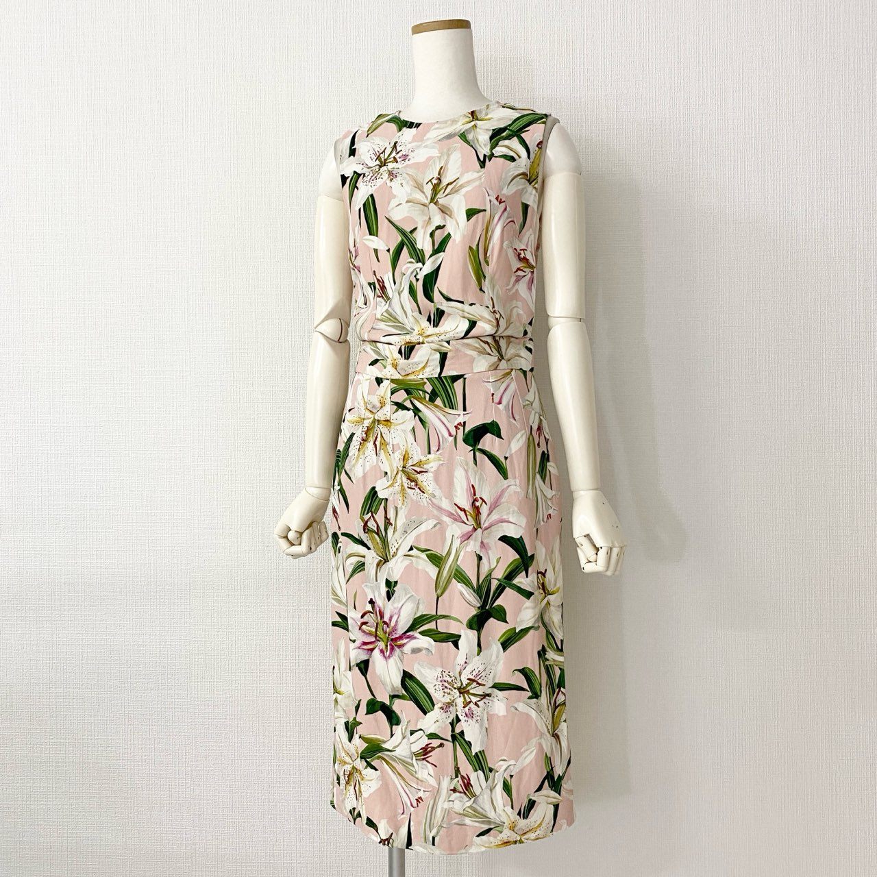 15c20 DOLCE&GABBANA ドルチェアンドガッバーナ イタリア製 ドルガバ フローラル リリードレス ノースリーブ ブラウス トップス スカート セットアップ シルク混 42 ピンク MADE IN ITALY
