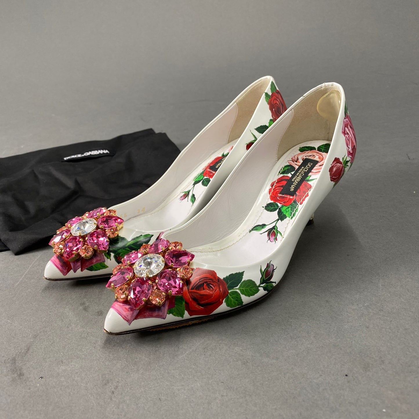 2L5《美品》Dolce&Gabbana ドルチェ&ガッバーナ 34 ホワイト ビジューフラワー パンプス 花柄 レディース レザーパンプス