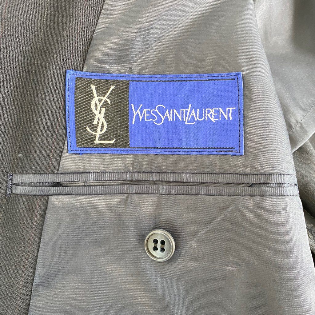 41b14 Yves Saint Laurent イヴサンローラン 日本製 ダブル テーラードジャケット ブレザー ストライプ ネイビー ウール MADE IN JAPAN