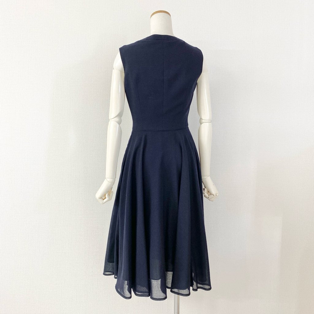 42c11 Rene basic ルネ ベーシック レース切替 パールボタンワンピース ドレス 34 ネイビー 日本製 ノースリーブ