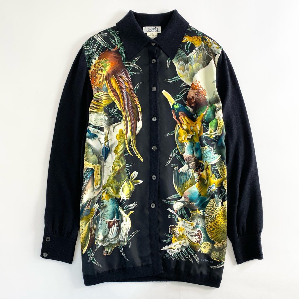 49c6 《美品》 HERMES エルメス バードプリント シルクニットシャツ 40 ブラック SILK100% カシミヤ混 フランス製
