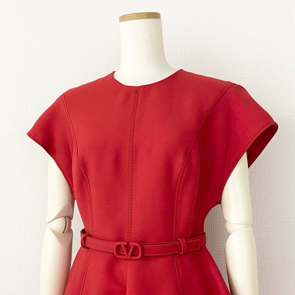 49c6 《美品》 VALENTINO ヴァレンティノ Crepe Belted Mini Dress ロゴベルト ベルテッドミニドレス ワンピース 40 レッド イタリア製 春