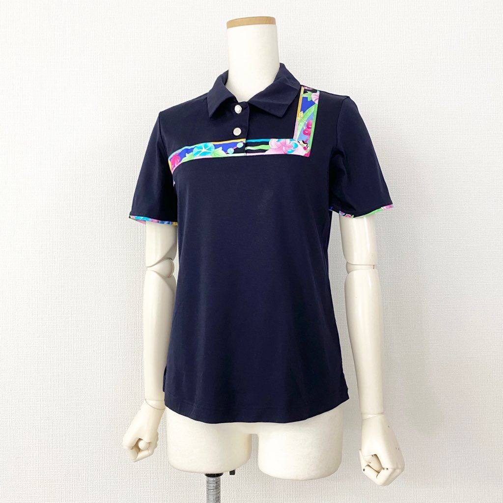 53b4 LEONARD レオナール フラワープリント ポロシャツ 40 ネイビ- トップス 半袖 花柄 日本製 POLO SHIRT