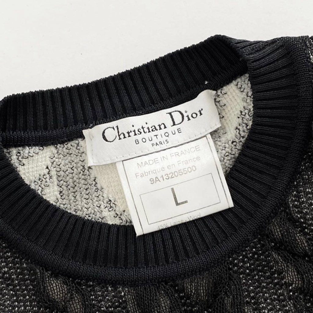 65j29 フランス製 Christian Dior クリスチャンディオール クルーネック レース ニット セーター サイズL ブラック レディース 女性用