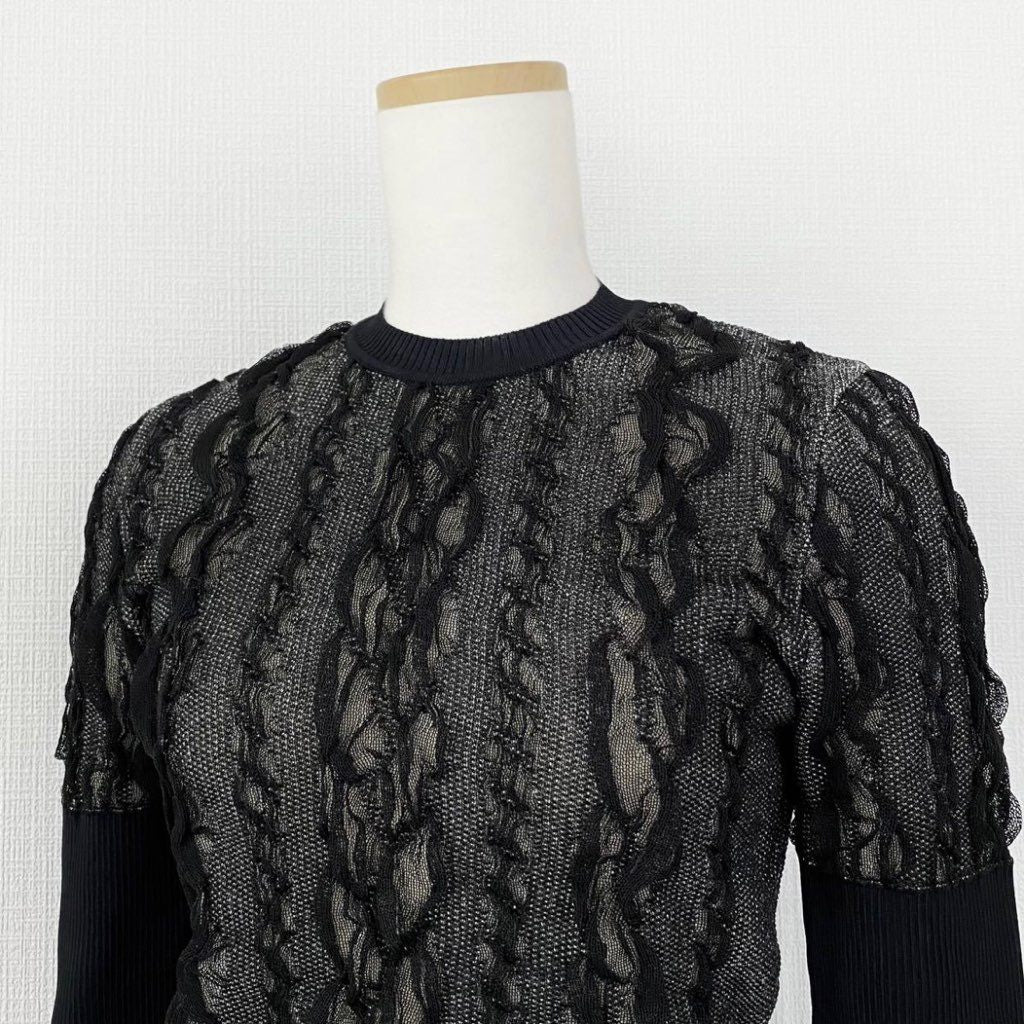 65j29 フランス製 Christian Dior クリスチャンディオール クルーネック レース ニット セーター サイズL ブラック レディース 女性用