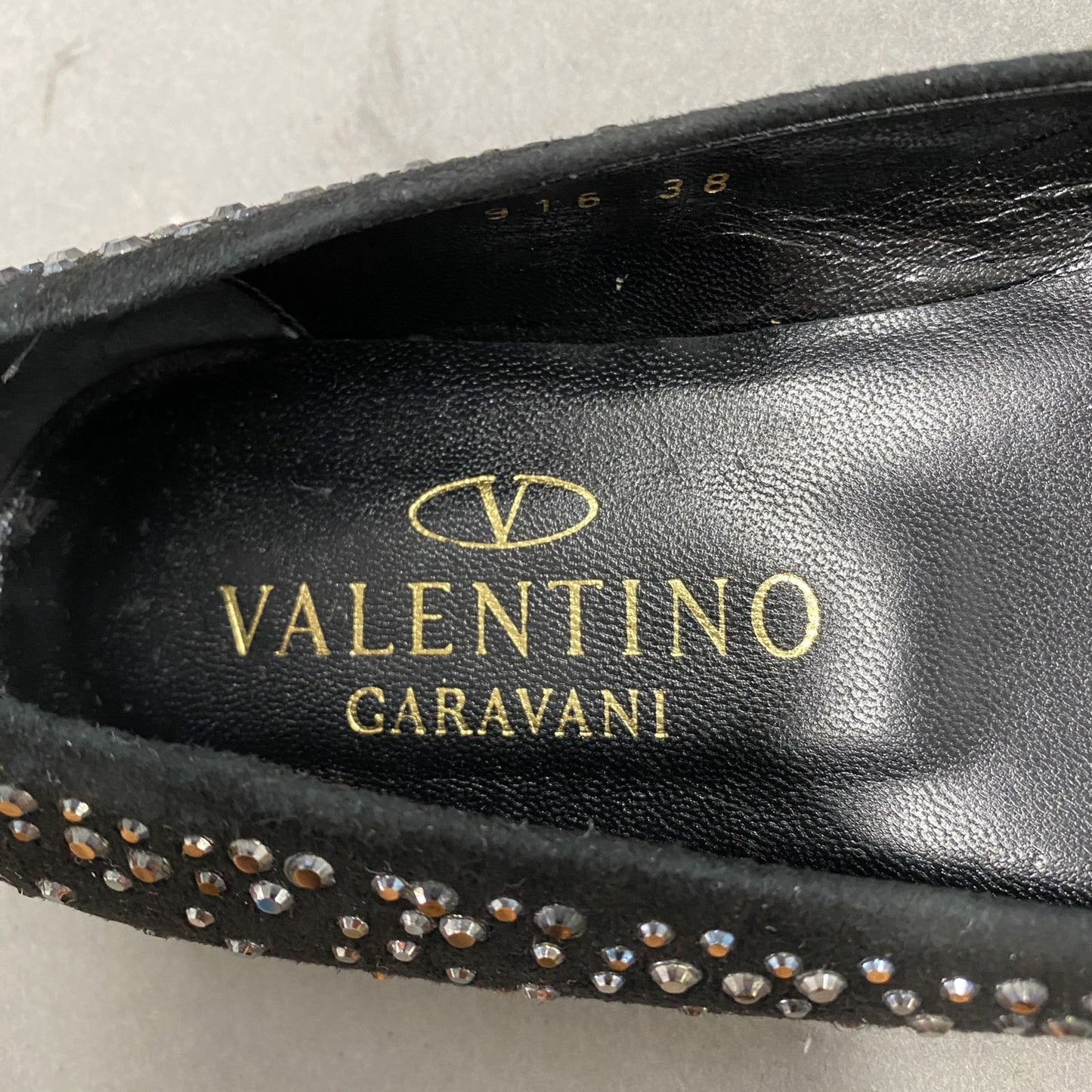 1L5《美品》VALENTINO GARAVANI ヴァレンティノ ガラヴァーニ 38(24cm相当) ブラック ラインストーン フラットシューズ バレエシューズ レディース 靴