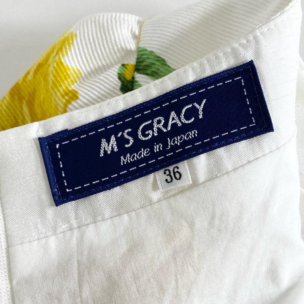 71c10 M'S GRACY エムズグレイシー フラワープリントワンピース 36 ホワイト 花柄 薔薇 バラ ドレス 日本製