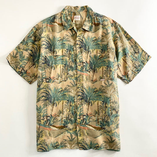 25b5-3 日本製 Papas パパス 半袖シャツ アロハシャツ 総柄シャツ 開襟シャツ L マルチカラー リネン100% メンズ