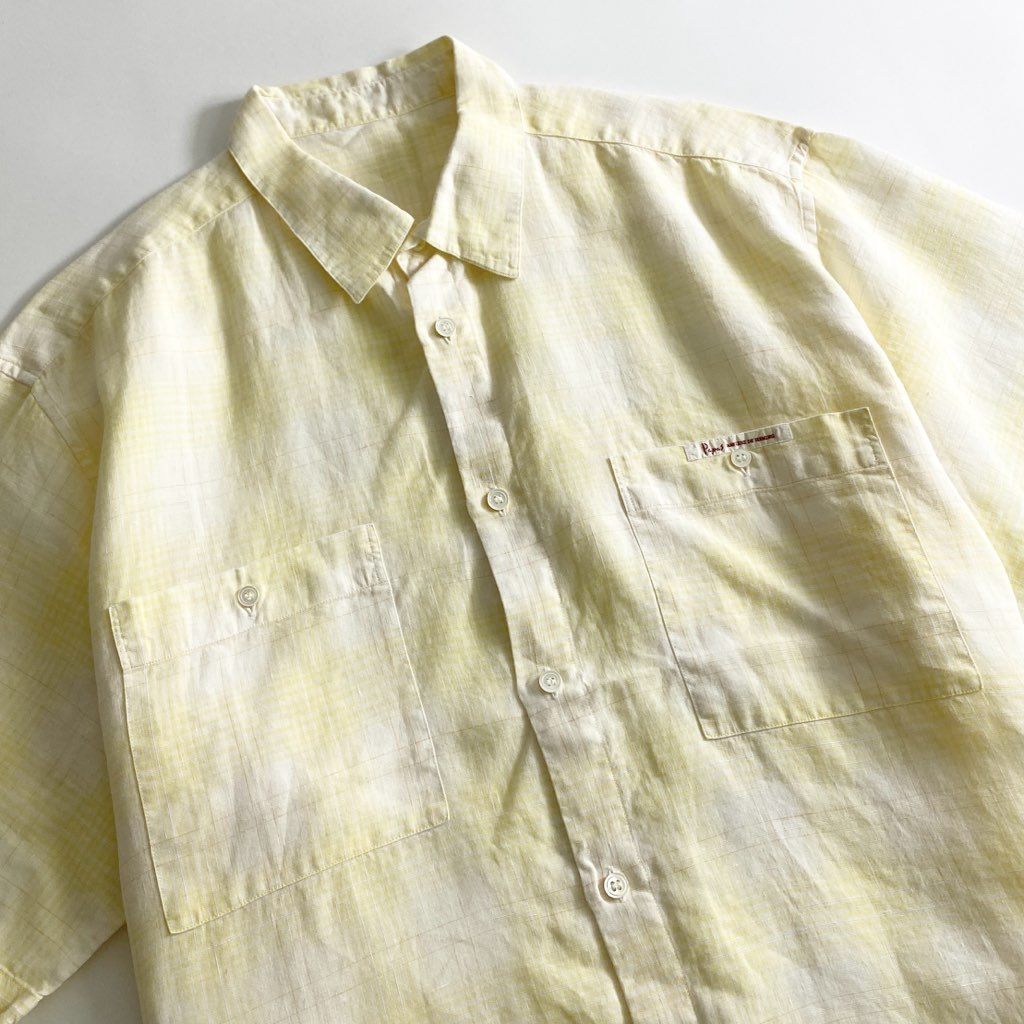 22b25-3 Papas パパス 日本製 リネン 半袖シャツ L イエロー LINEN SHIRT ショートスリーブ ワンポイントロゴ チェック柄 MADE IN JAPAN