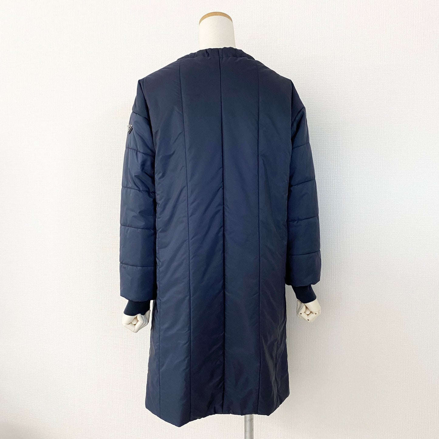 46a31 PRADA プラダ ボウタイ 中綿コート ロングコート 三角プレート リボン 29S085 サイズ38 ネイビー ナイロン100% レディース 女性用