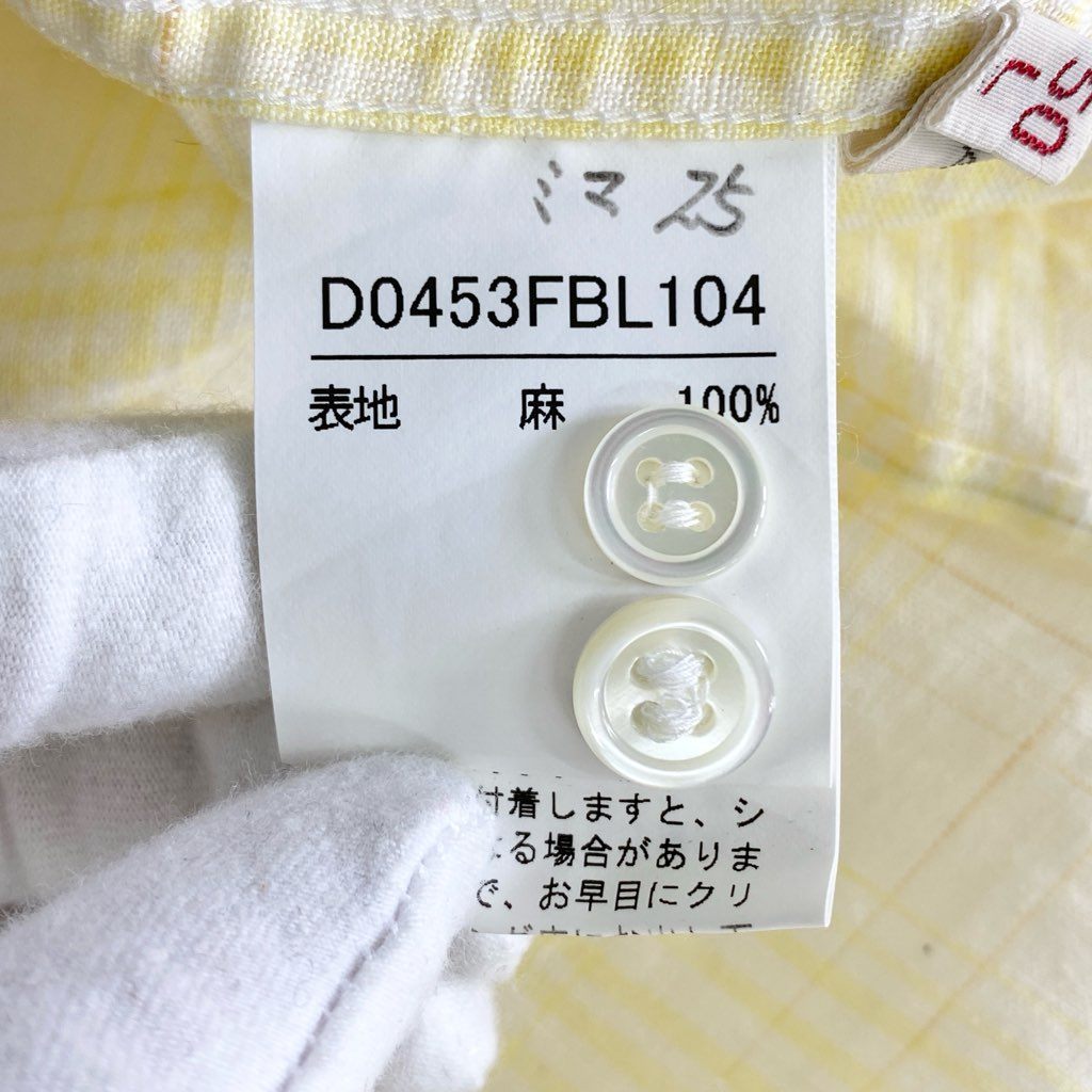 22b25-3 Papas パパス 日本製 リネン 半袖シャツ L イエロー LINEN SHIRT ショートスリーブ ワンポイントロゴ チェック柄 MADE IN JAPAN
