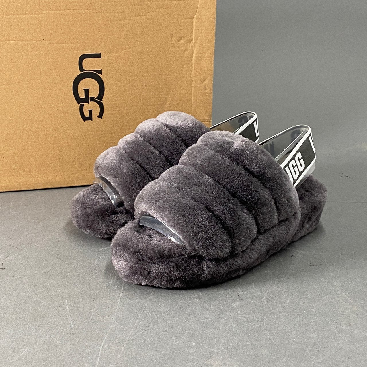5L6 《美品》 UGG アグ ボアサンダル フラッフイヤースライド 22 グレー チャコール レディース シューズ かかとゴム