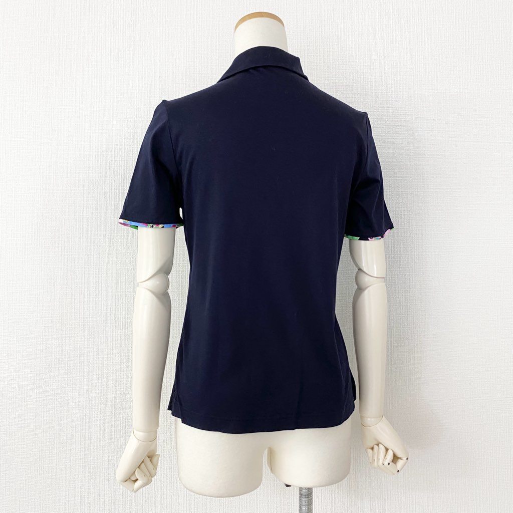 53b4 LEONARD レオナール フラワープリント ポロシャツ 40 ネイビ- トップス 半袖 花柄 日本製 POLO SHIRT