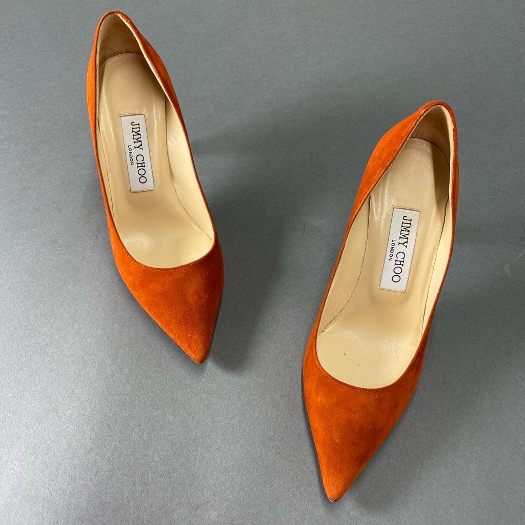 2b29 JIMMY CHOO ジミーチュウ スエードレザー ヒールパンプス 35 1/2 オレンジ シューズ イタリア製 セレモニー パーティ