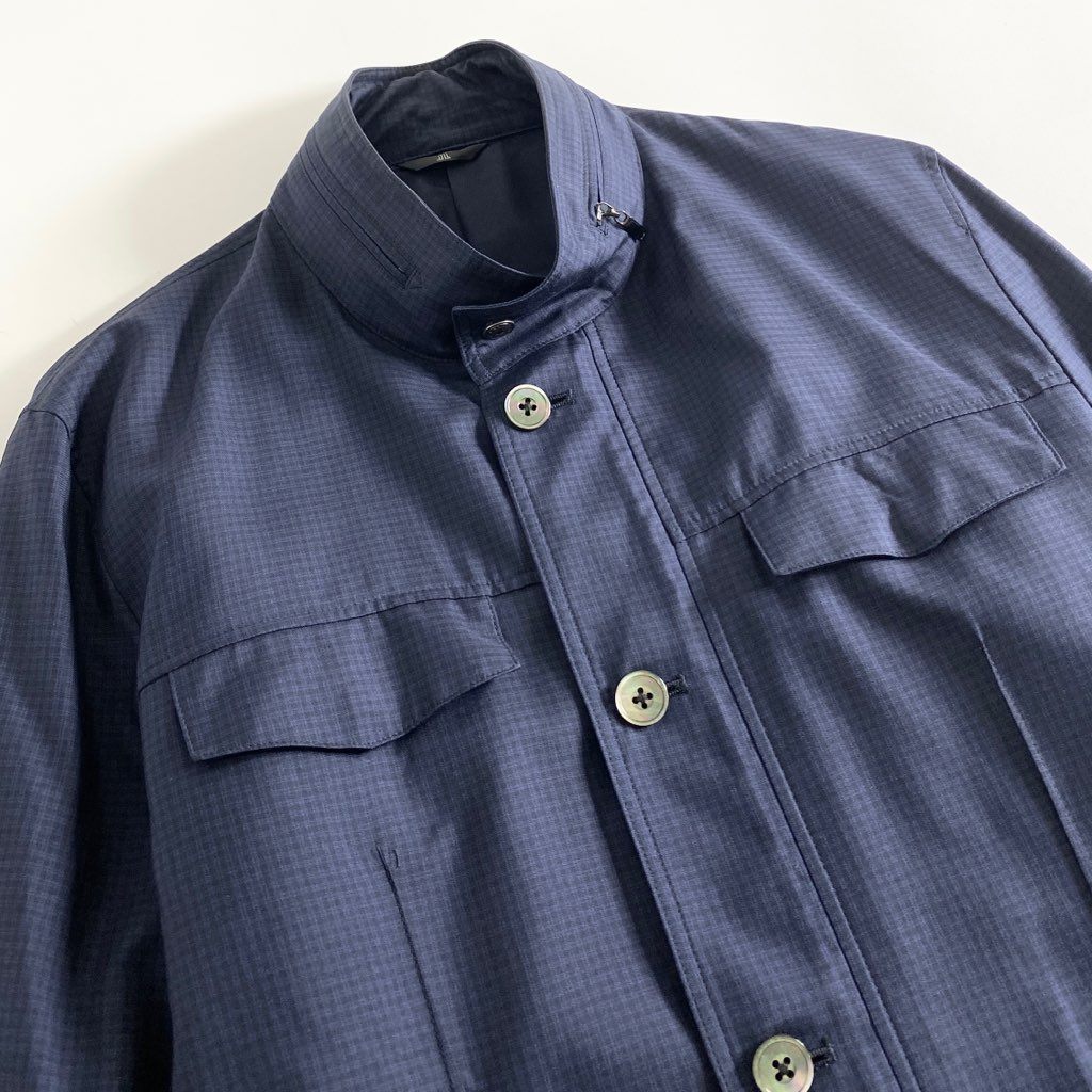 57b12-2 《美品》 大きいサイズ LANVIN COLLECTION ランバン コレクション スタンドカラージャケット ブルゾン 収納フード付き サイズ50 ネイビー シルク100% メンズ
