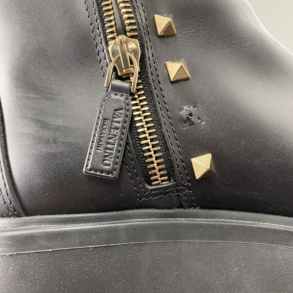 3a31 VALENTINO ヴァレンティノ NERO 厚底 ロックスタッズ サイドジップ アンクル ブーツ ショート 37 ブラック レザー