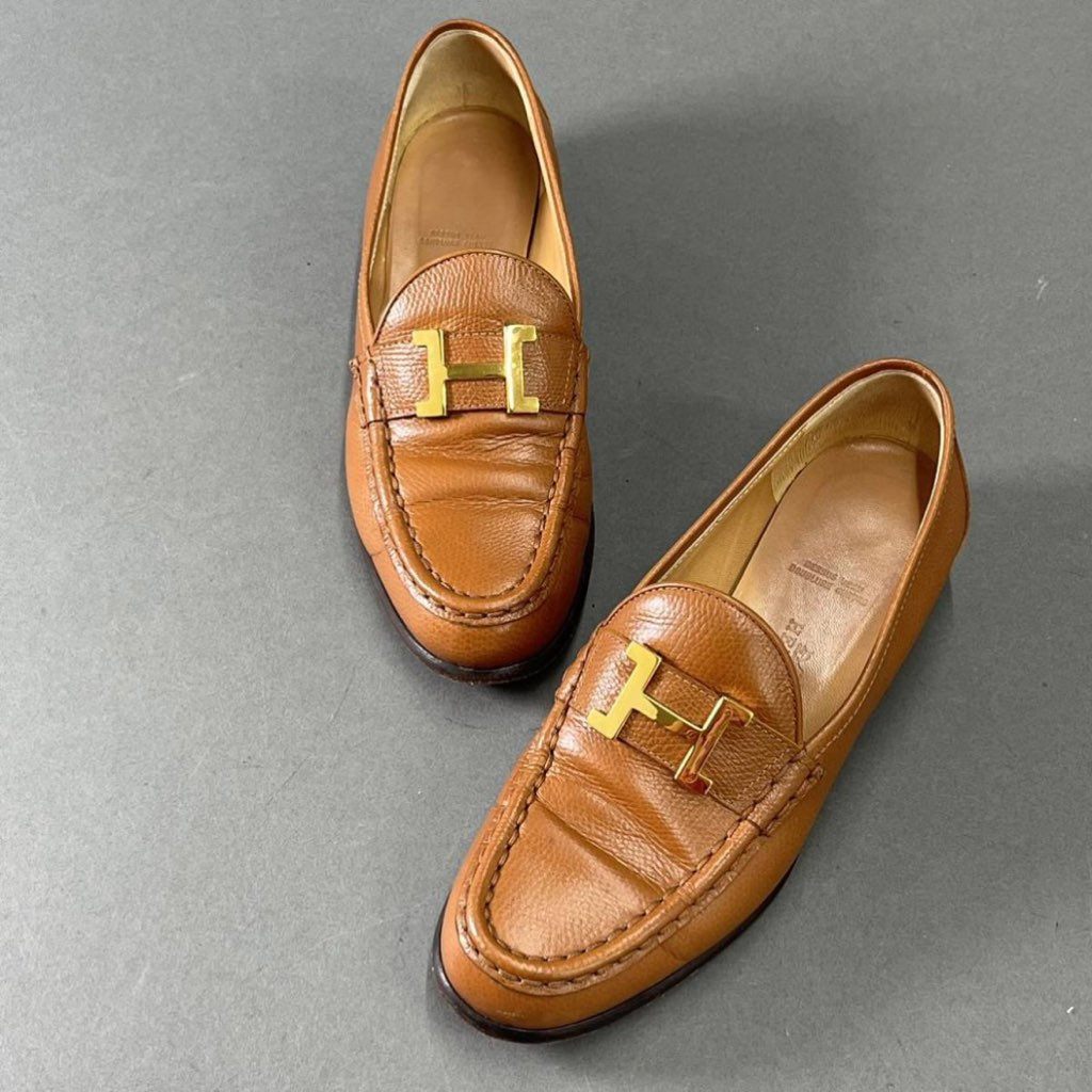 14f1 イタリア製 HERMES エルメス モカシンパリ Hコンスタンス ローファー レザーシューズ H金具 36.5 ブラウン レディース 女性用