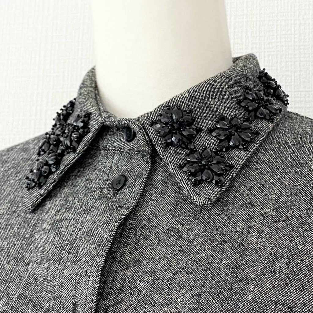 25c6 ROCHAS ロシャス イタリア製 ビジュー 長袖ワンピース ドレス ギャザースカートシャツワンピ 38 グレー ウール MADE IN ITALY