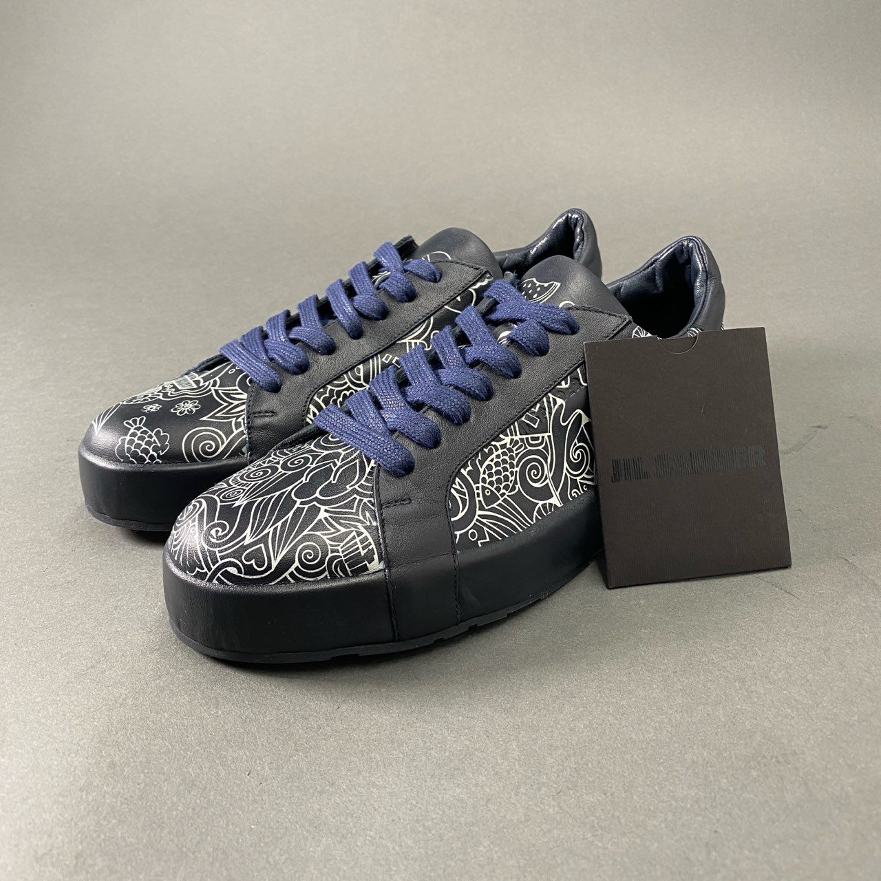 4c1 JIL SANDER ジルサンダー イタリア製 ローカットスニーカー シューズ 総柄 プリント 37 ネイビー レザー MADE IN ITALY