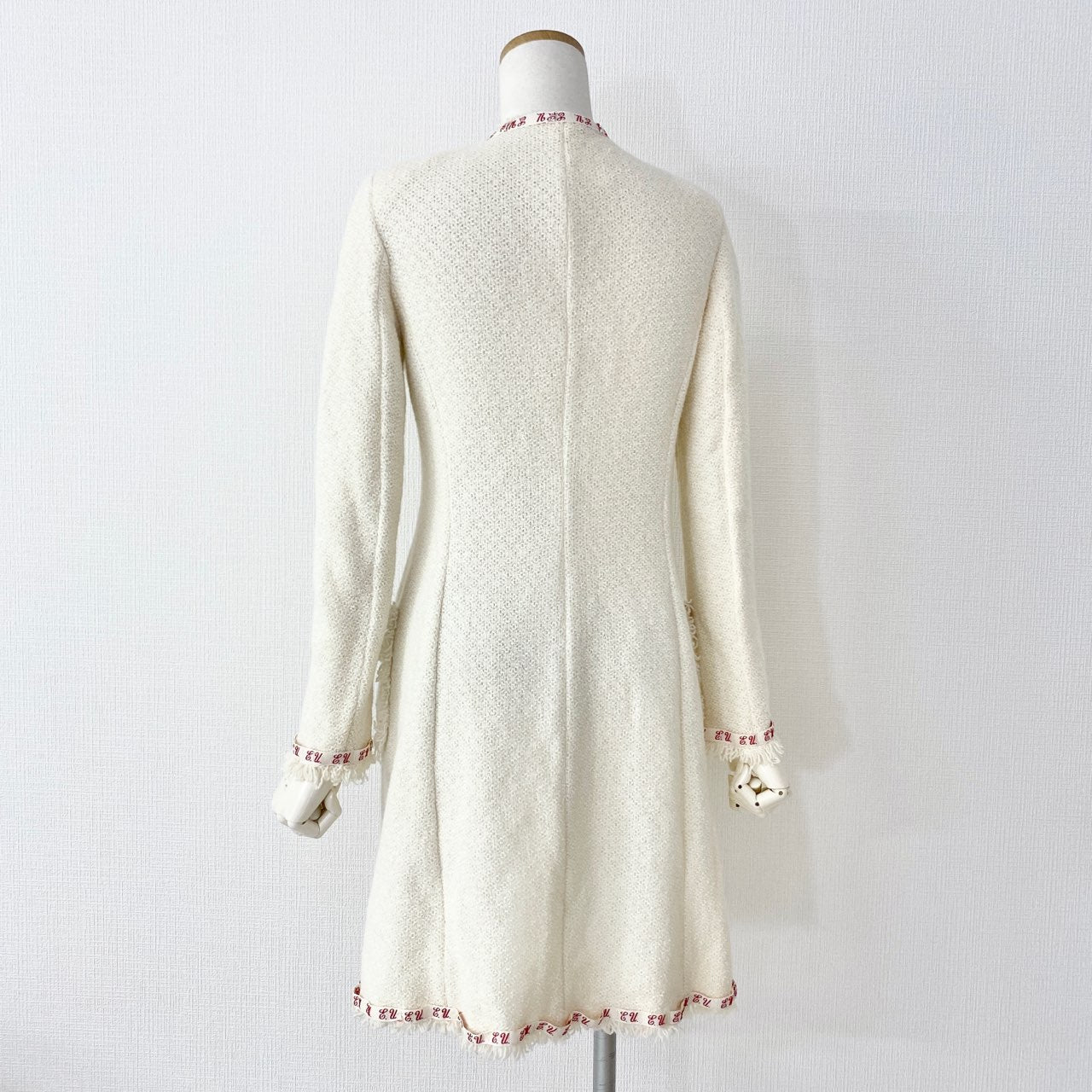 37A12 emanuel ungaro エマニュエル ウンガロ リボンロングカーディガン 36 ホワイト ニット イタリア製 羽織 コート