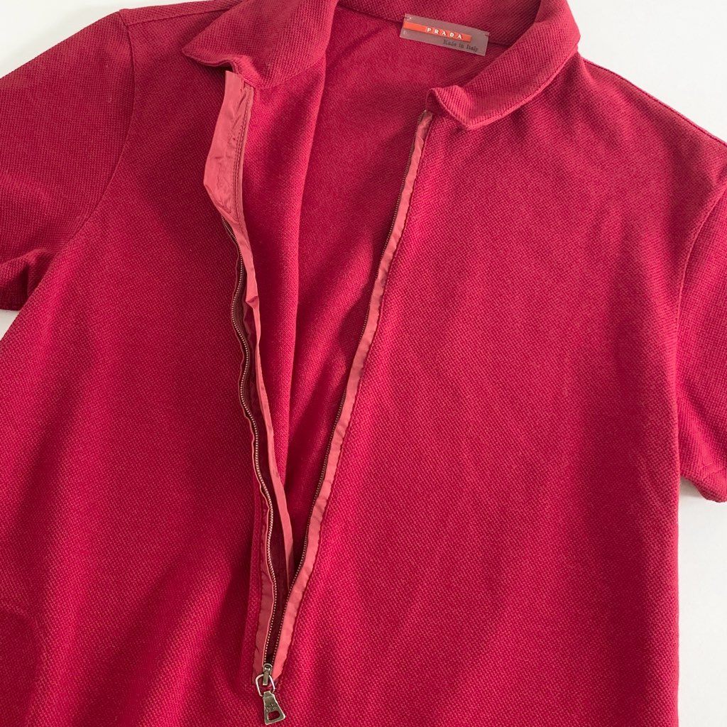 39c10 《美品》 イタリア製 PRADA プラダ 半袖ポロシャツ M レッド レディース ショートスリーブ コットン混 ジップアップ