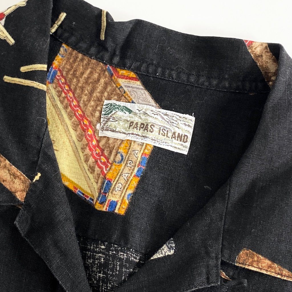 25b5-2 日本製 Papas パパス 半袖シャツ アロハシャツ 葉巻柄 総柄シャツ L ブラック 麻 リネン100% メンズ