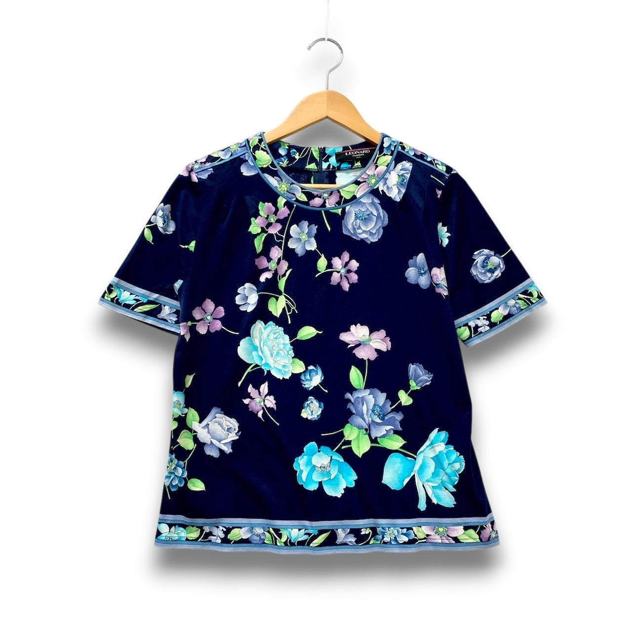 2c29 LEONARD FASHION レオナール 半袖Tシャツ カットソー 美しい花柄プリント レディース 女性服 L ネイビー コットン100％u02t