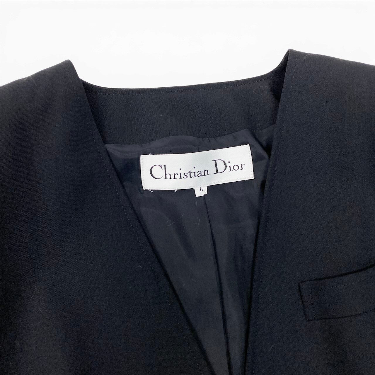 89g24 【美品】Christian Dior クリスチャンディオール ノーカラージャケット フォーマルジャケット アウター Lサイズ ブラック ウール100％ レディース 女性用u02t