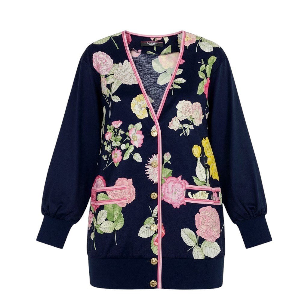 73f9 【美品】 LEONARD FASHION レオナール ノーカラー ロングジャケット カーディガン  美しい花柄プリント 金ボタン サイズM ネイビー コットン100％ レディース 女性服u02t